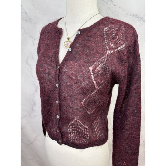 Calme Johnny Was y2k Burgundy Open Knit Cardigan Sweater Top S Wool Cottagecore - Picture 12 of 16